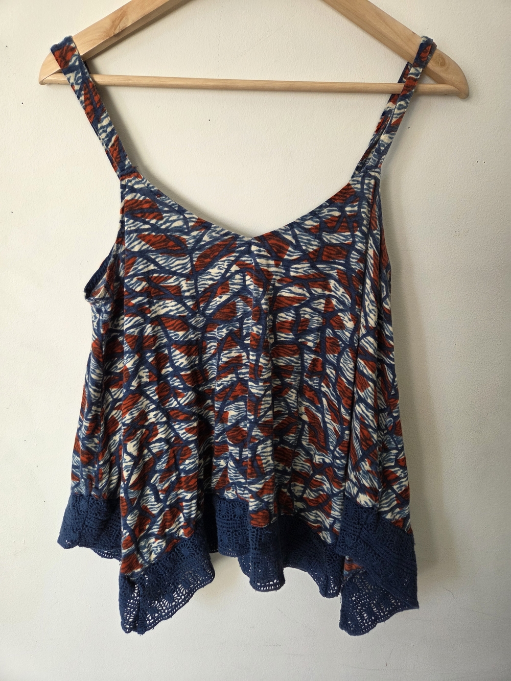 Lucky Brand Blue, Rust & White Printed Lace-Hem Camisole